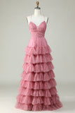 A Line Cintas de Espaguete Rosa Tule Vestido de Baile Estampado Floral