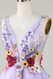 Uma linha profunda V pescoço aberto para trás roxo Homecoming vestido com flores 3D