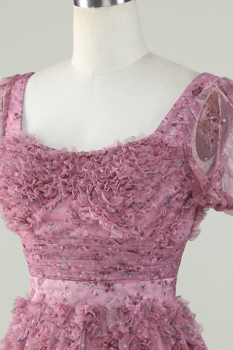 Carregar imagem no visualizador da galeria, Lindo A Line Floral Dusty Rose Homecoming Dress com Folhos