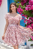 Lindo A Line Floral Dusty Rose Homecoming Dress com Folhos