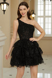 Elegante A Line One Shoulder Black Short Homecoming Dress com apliques