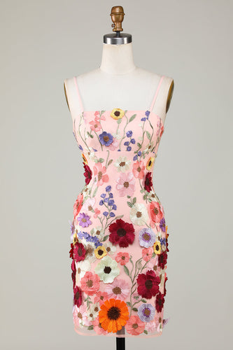 Bainha Espaghetti Correias Blush Homecoming Dress com flores 3D