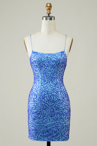 Esparguete Correias Azul Apertado Glitter Homecoming Dress com frisado