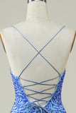 Esparguete Correias Azul Apertado Glitter Homecoming Dress com frisado
