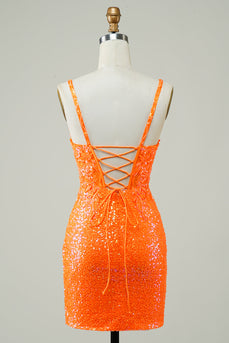 Glitter Orange Tight Homecoming Vestido com frisado