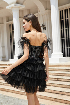 Espartilho preto brilhante A-Line Short Homecoming Dress com penas