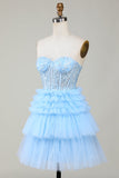 Bonito A-Line Sweetheart Blue Corset Short Homecoming Dress com babados