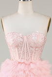 Trendy A-Line Sweetheart Pink Vestido Curto Homecoming com Folhos
