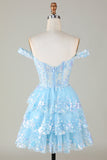 Espartilho Azul Brilhante Tiered Lace A-Line Short Homecoming Dress