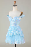 Espartilho Azul Brilhante Tiered Lace A-Line Short Homecoming Dress