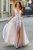 Rosa Cinzento Uma Linha Deep V Neck Long Prom Dress com Apliques