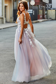 Rosa Cinzento Uma Linha Deep V Neck Long Prom Dress com Apliques