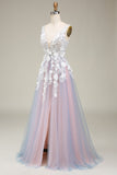 Lindo A Line Deep V Neck Grey Pink Long Prom Dress com Appliques