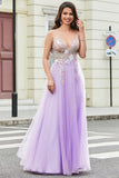 Lindo A Line Spaghetti Straps Lilac Long Prom Dress com Apliques