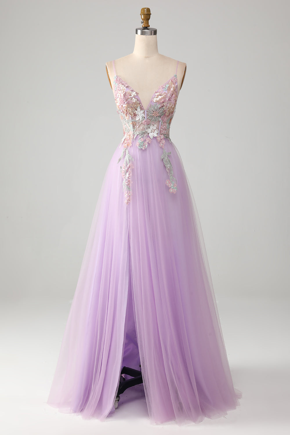 Glitter A-Line Esparguete Correias Lilás Longo Vestido de Baile com Flores