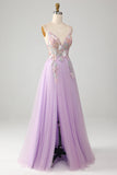 Glitter A-Line Esparguete Correias Lilás Longo Vestido de Baile com Flores