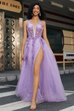 Lindo A Line Halter Neck Grey Purple Corset Prom Dress com Apliques