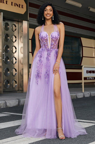 Lindo A Line Halter Neck Grey Purple Corset Prom Dress com Apliques