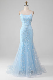 Brilhante azul claro frisado sereia longo vestido de baile