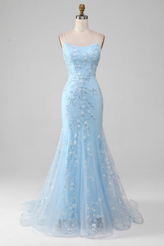 Brilhante azul claro frisado sereia longo vestido de baile