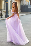Off The Shoulder Lilás A-Line Beaded Corset Prom Dress