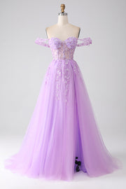 Lilás A-Line Off The Shoulder Beaded Corset Prom Dress