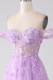 Lilás A-Line Off The Shoulder Beaded Corset Prom Dress