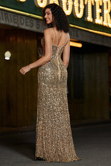 Sereia brilhante Golden Long Fringed Prom Dress com Fenda