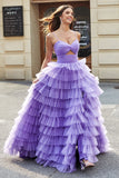 Tule A-Line roxo Tiered Long Prom Dress com fenda