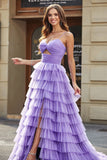 Tule A-Line roxo Tiered Long Prom Dress com fenda