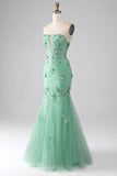 Sereia Verde Strapless Tule Long Prom Dress com Apliques