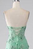 Sereia Verde Strapless Tule Long Prom Dress com Apliques