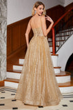 Golden Glitter Corset Long Prom Dress com flores