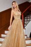 Golden Glitter Corset Long Prom Dress com flores