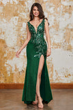 Vestido de baile de sereia verde escuro brilhante com fenda