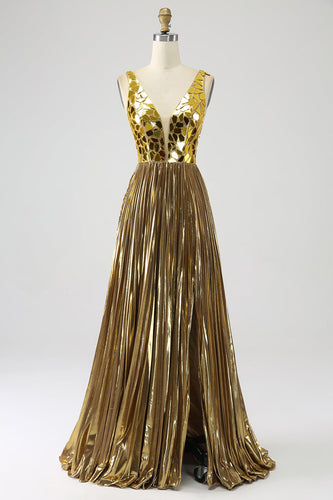 Sparkly A Line Deep V-Neck Golden Long Prom Dress com Split Front