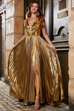 Impressionante uma linha V-Neck Golden Long Prom Dress com frente dividida