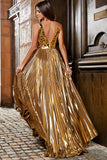 Brilhante A-Line V-Neck Silver Mirror Prom Dress com fenda
