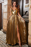 Impressionante uma linha V-Neck Golden Long Prom Dress com frente dividida