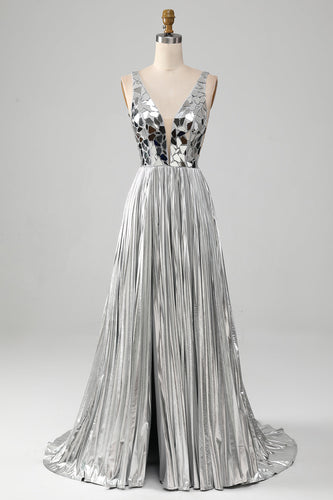 Sparkly A-Line V-Neck Vestido de baile de formatura de prata com fenda