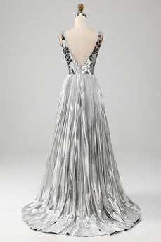 Sparkly A-Line V-Neck Vestido de baile de formatura de prata com fenda