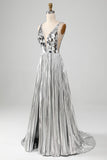 Brilhante A-Line V-Neck Silver Mirror Prom Dress com fenda
