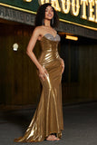 Sereia Dourada Brilhante Strapless Long Beaded Prom Dress com Fenda