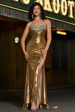 Sereia Dourada Brilhante Strapless Long Beaded Prom Dress com Fenda