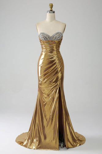 Sereia Dourada Strapless Long Prom Dress com Fenda