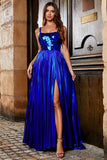 Sparkly A Line Royal Blue Long Prom Dress com Criss Cross Back