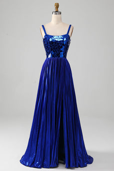 Sparkly Lace-Up Back Royal Blue Prom Vestido com Fenda
