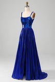 Sparkly Lace-Up Back Royal Blue Prom Vestido com Fenda