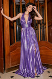 Roxo plissado metálico Glitter longo vestido de baile com fenda