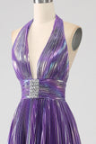 Glitter roxo plissado metálico longo vestido de baile com fenda